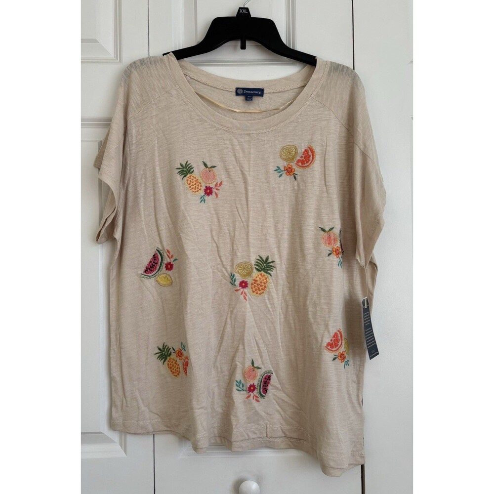 DEMOCRACY WOMENS TOP SIZE 1X CREW NECK PULLOVER BEIGE EMBROIDERED FLOWERS/PINEAP